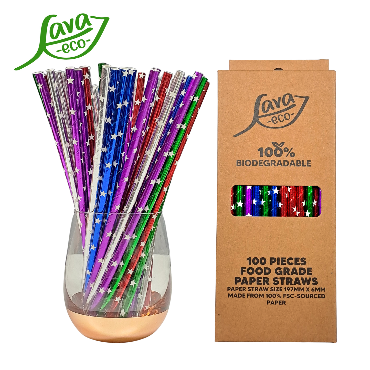 LavaEco Biodegradable Paper Straws - Shiny Stars Colourful 100 PCS - Disposable Environment Eco Friendly