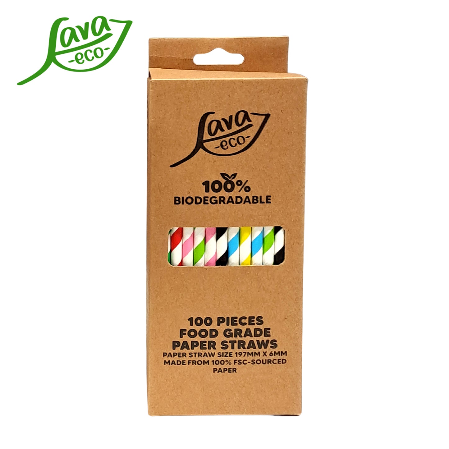 LavaEco Biodegradable Paper Straws - Colourful Big Strips 100 PCS - Disposable Environment Eco Friendly