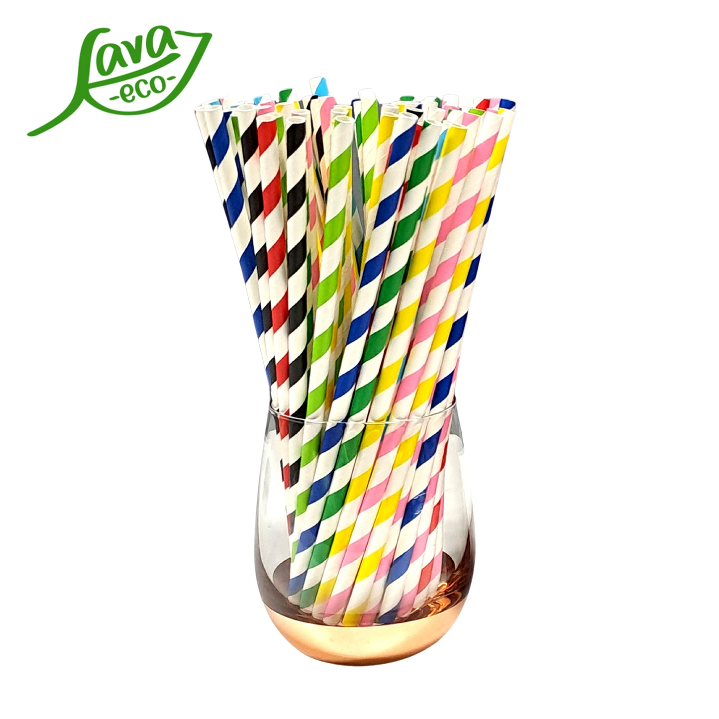 LavaEco Biodegradable Paper Straws - Colourful Big Strips 100 PCS - Disposable Environment Eco Friendly