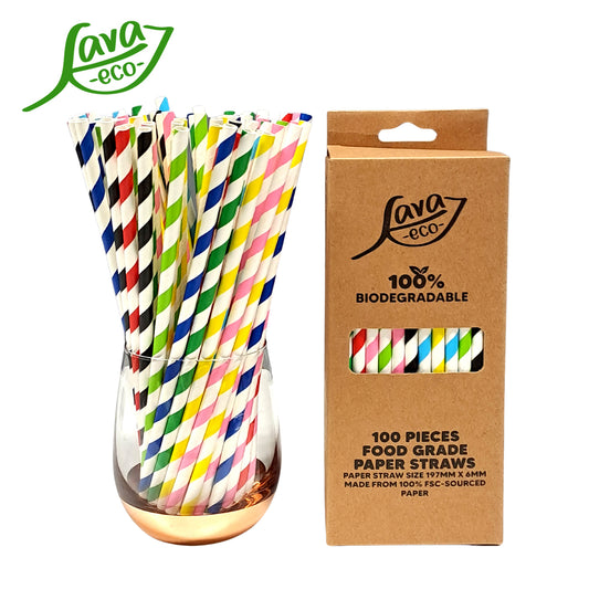 LavaEco Biodegradable Paper Straws - Colourful Big Strips 100 PCS - Disposable Environment Eco Friendly