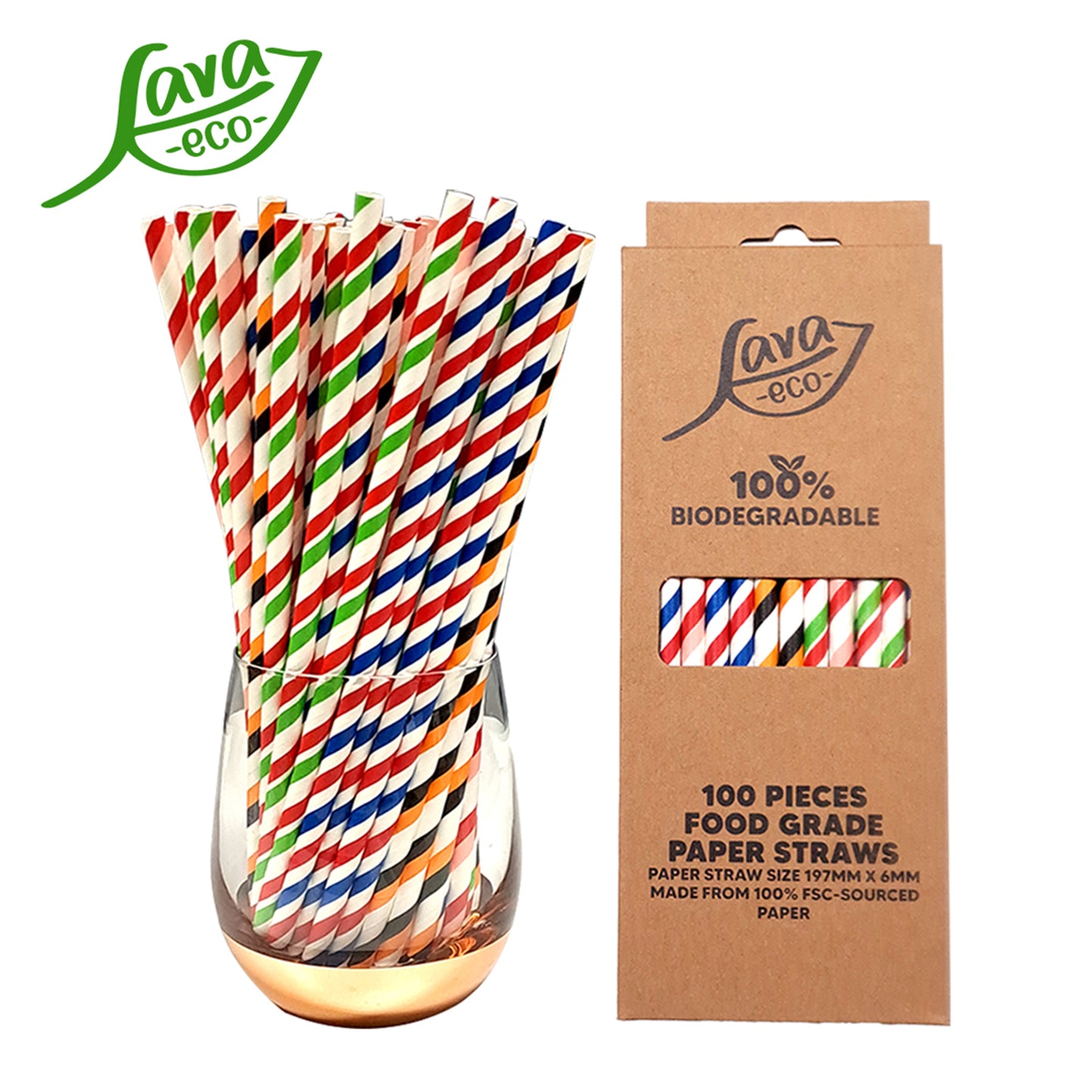 LavaEco Biodegradable Paper Straws - Colourful Small Strips 100 PCS - Disposable Environment Eco Friendly