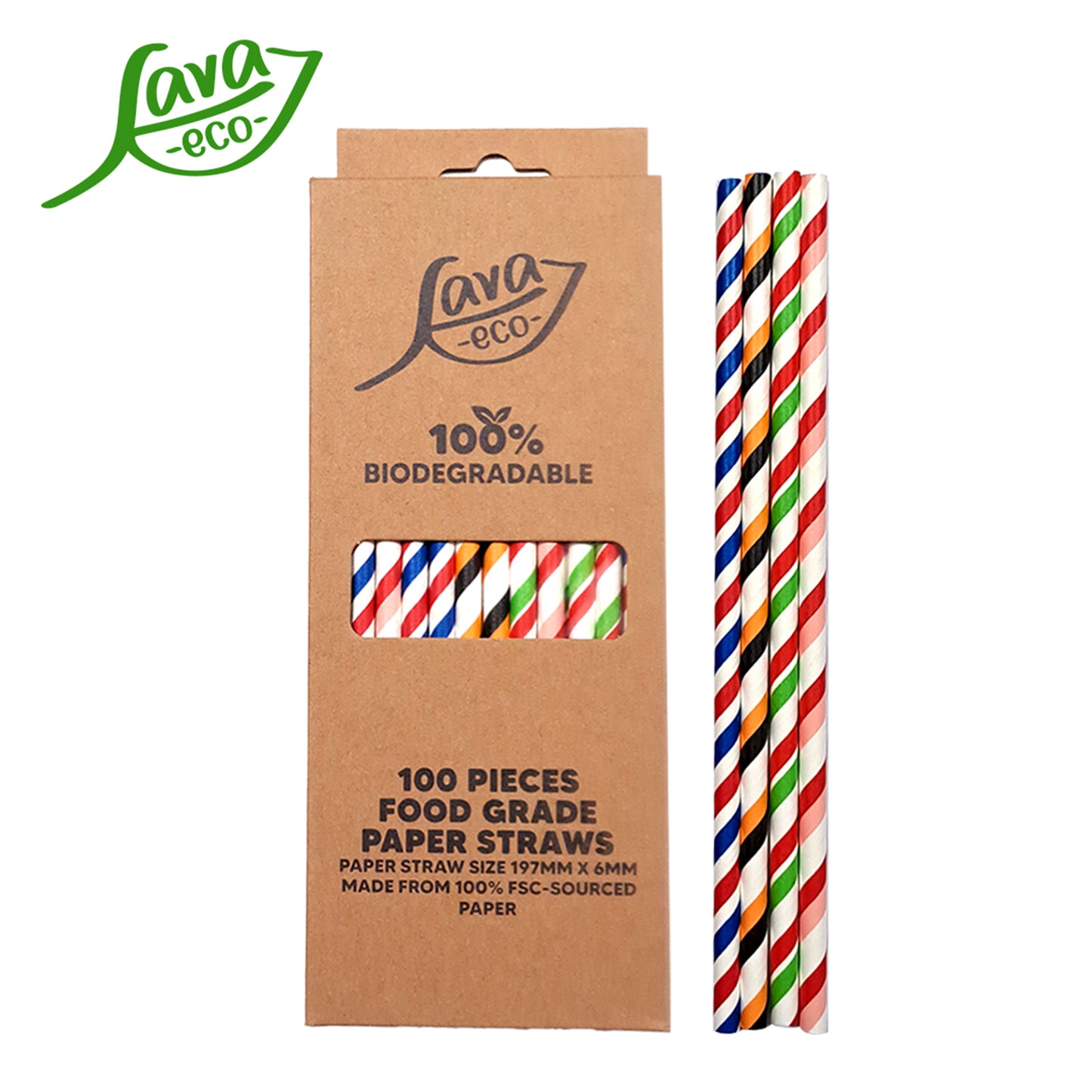 LavaEco Biodegradable Paper Straws - Colourful Small Strips 100 PCS - Disposable Environment Eco Friendly