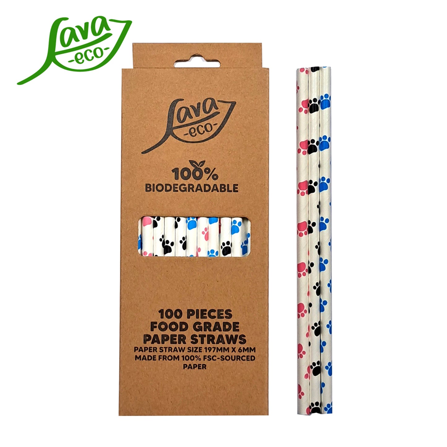 LavaEco Biodegradable Paper Straws - Colorful Cute Paw 100 PCS - Disposable Environment Eco Friendly