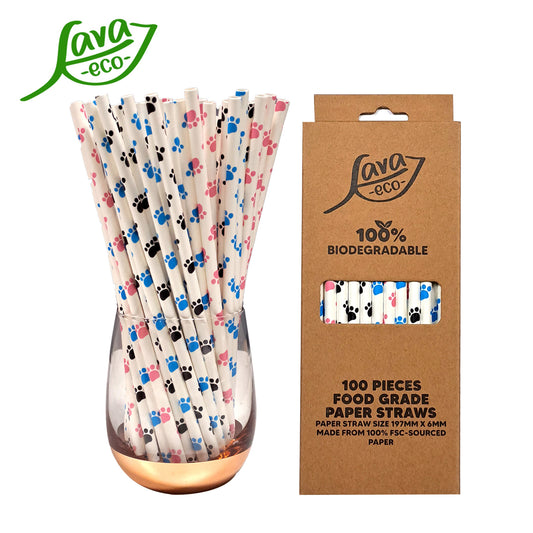 LavaEco Biodegradable Paper Straws - Colorful Cute Paw 100 PCS - Disposable Environment Eco Friendly