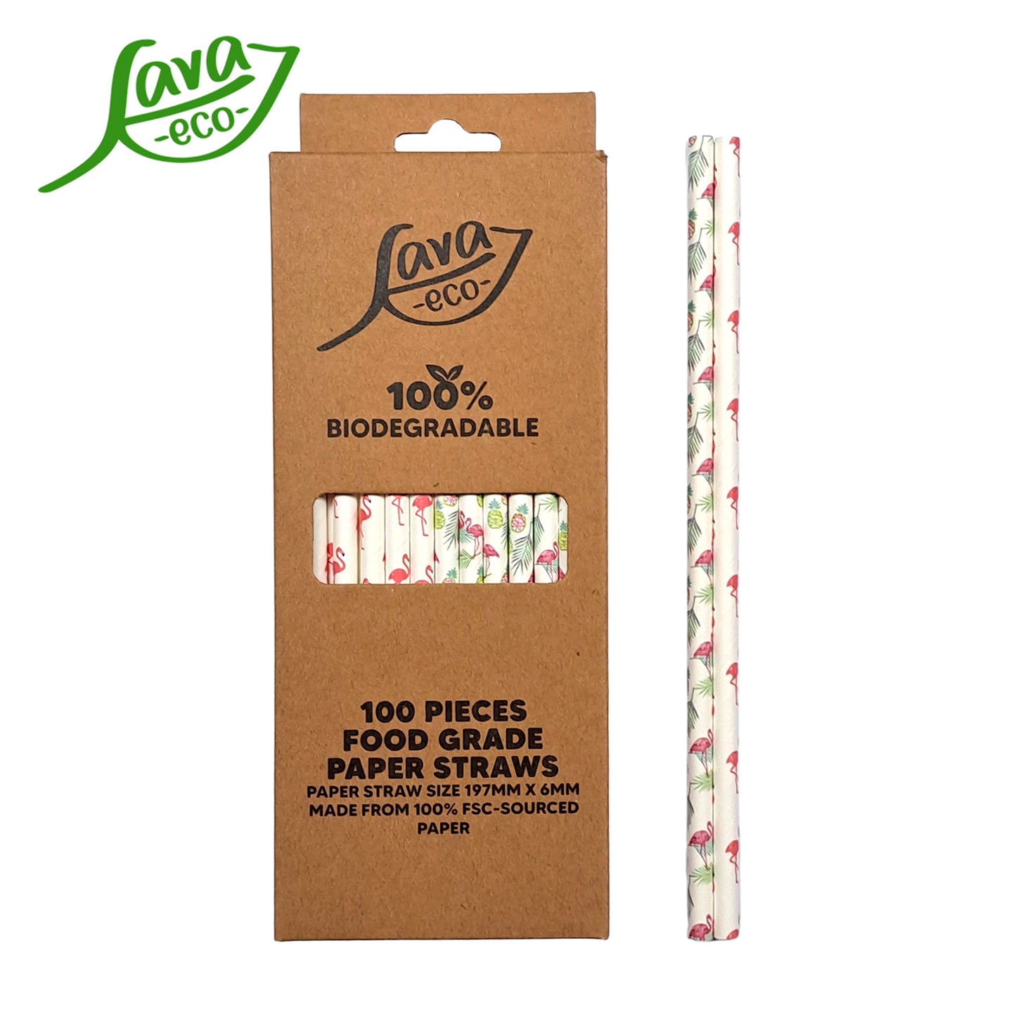 LavaEco Biodegradable Paper Straws - Flamingo 100 PCS - Disposable Environment Eco Friendly