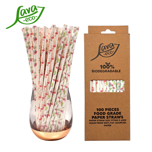 LavaEco Biodegradable Paper Straws - Flamingo 100 PCS - Disposable Environment Eco Friendly