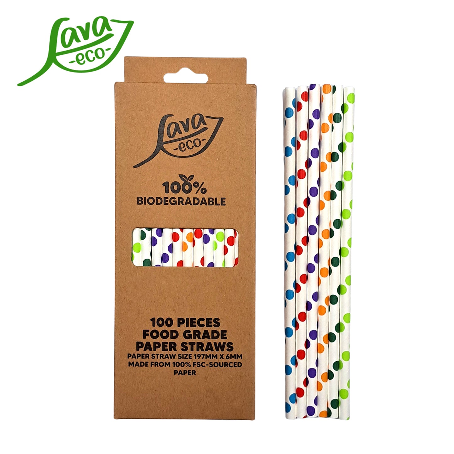 LavaEco Biodegradable Paper Straws - Colourful Circle A 100 PCS - Disposable Environment Eco Friendly