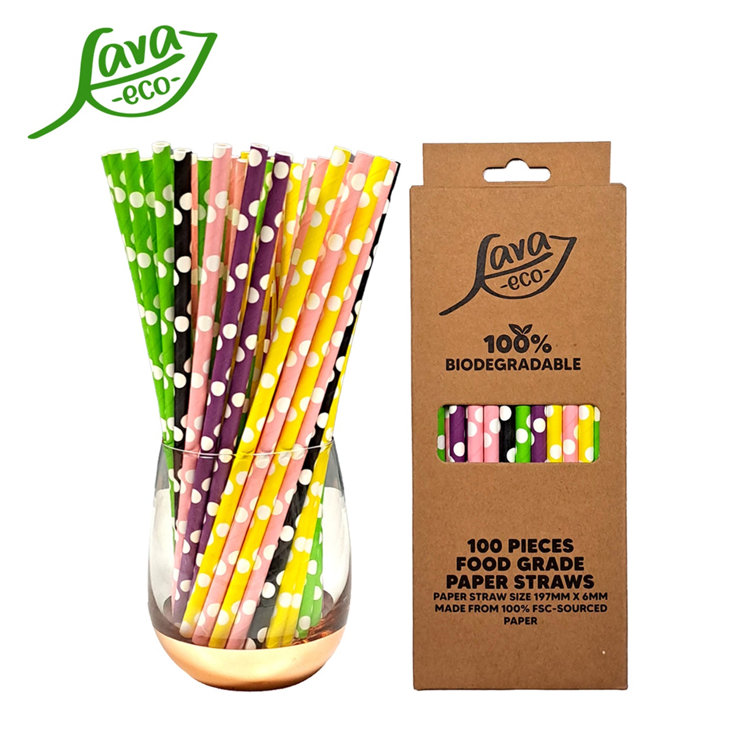 LavaEco Biodegradable Paper Straws - Colourful Circle B 100 PCS - Disposable Environment Eco Friendly