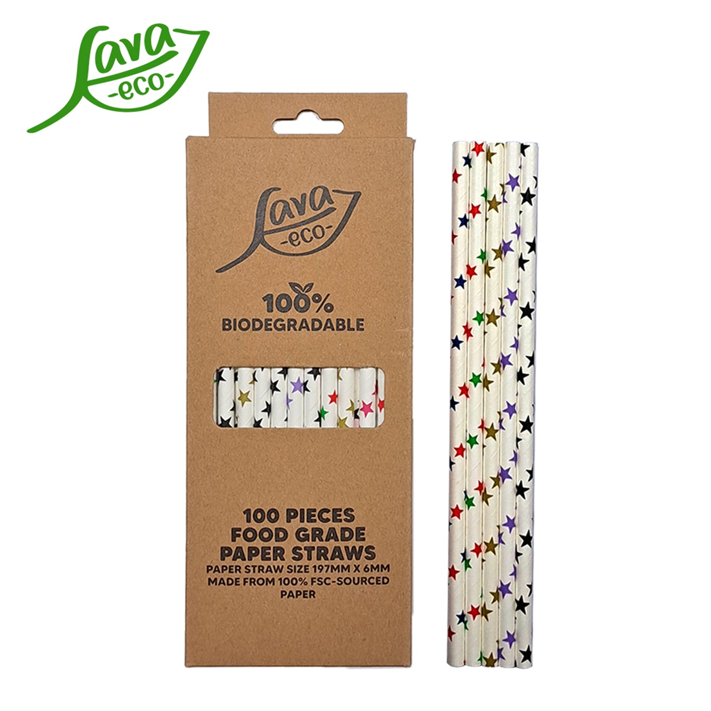 LavaEco Biodegradable Paper Straws - Colourful Stars A 100 PCS - Disposable Environment Eco Friendly