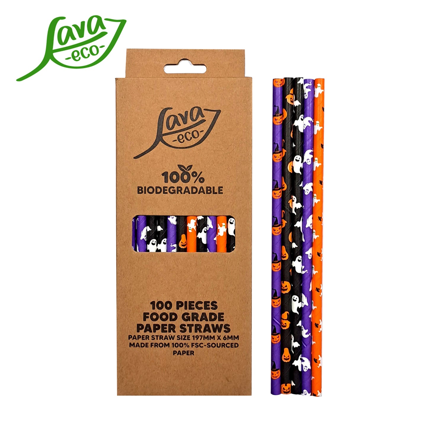 LavaEco Biodegradable Paper Straws - Halloween Party 100 PCS - Disposable Environment Eco Friendly