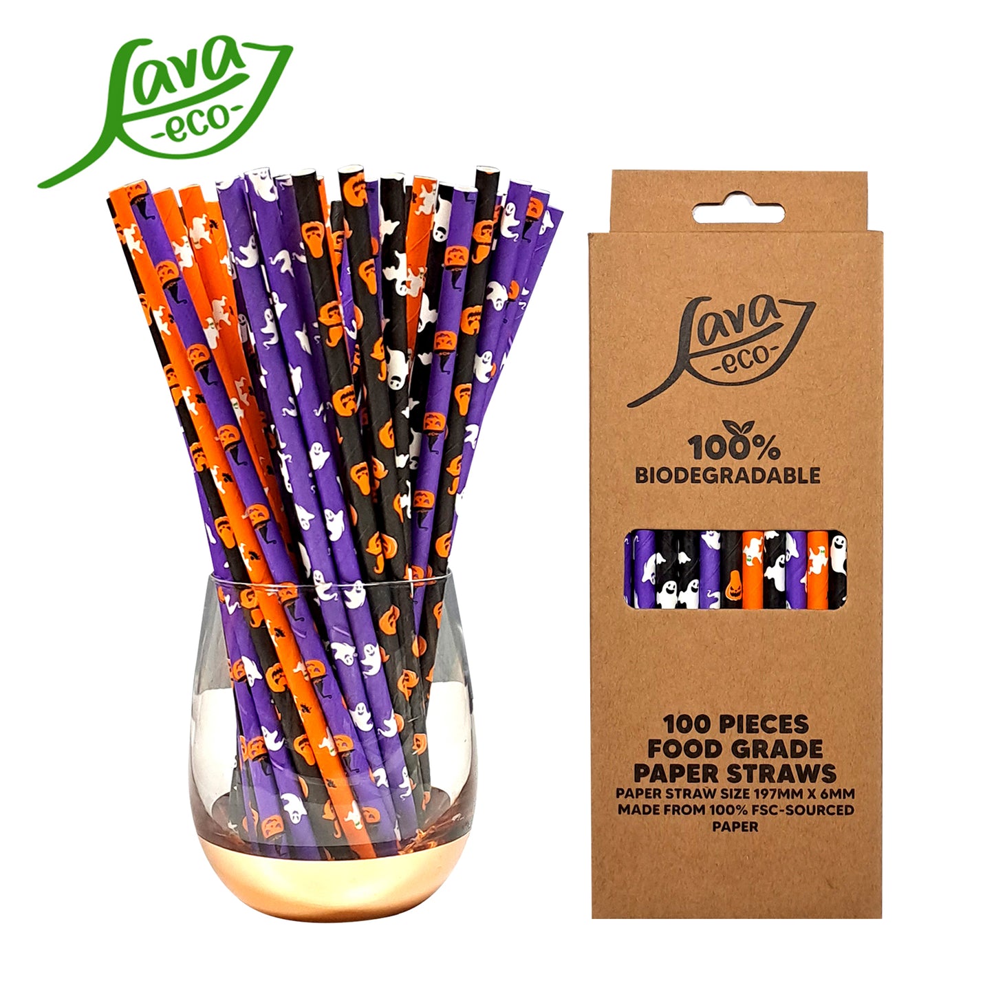 LavaEco Biodegradable Paper Straws - Halloween Party 100 PCS - Disposable Environment Eco Friendly