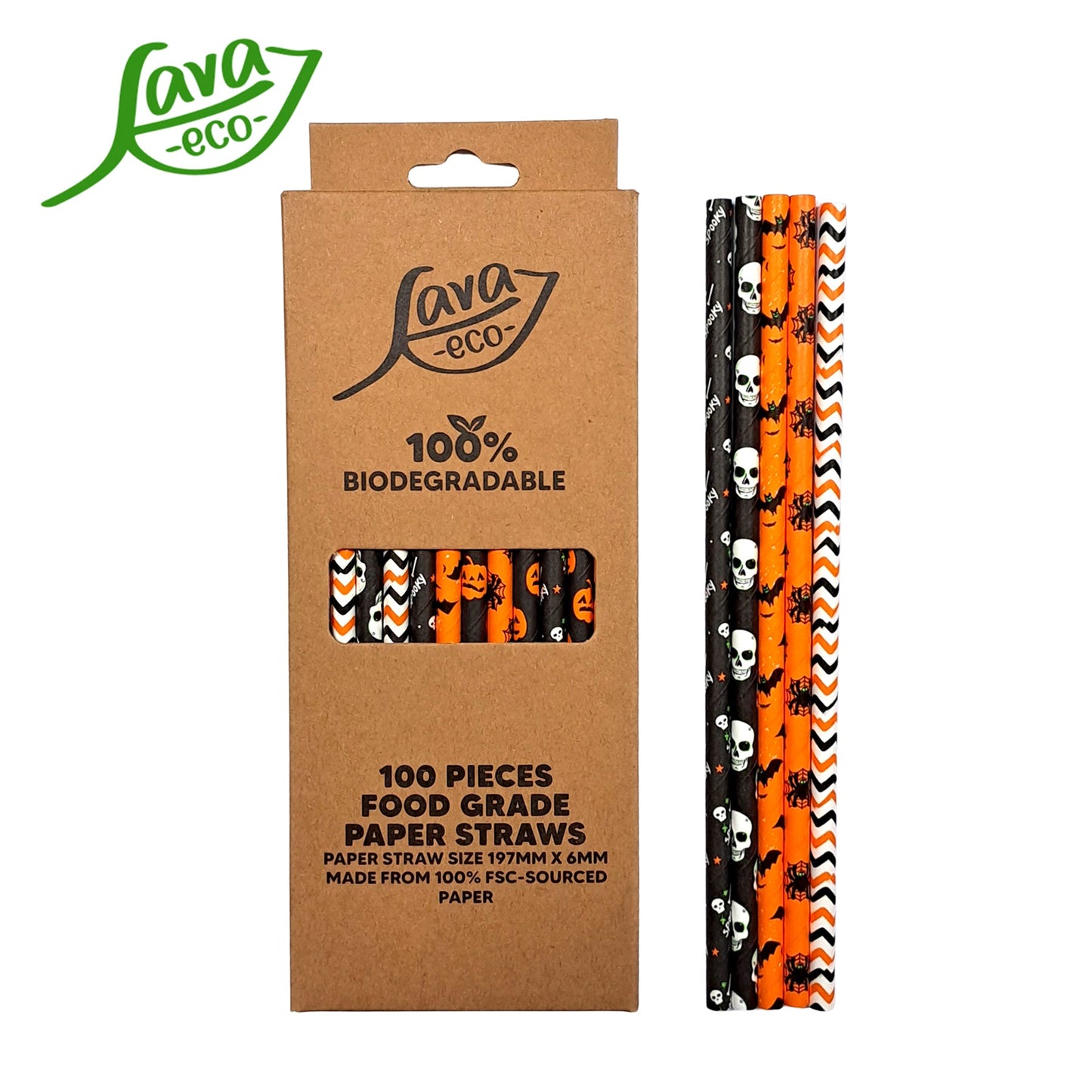 LavaEco Biodegradable Paper Straws - Halloween Night 100 PCS - Disposable Environment Eco Friendly