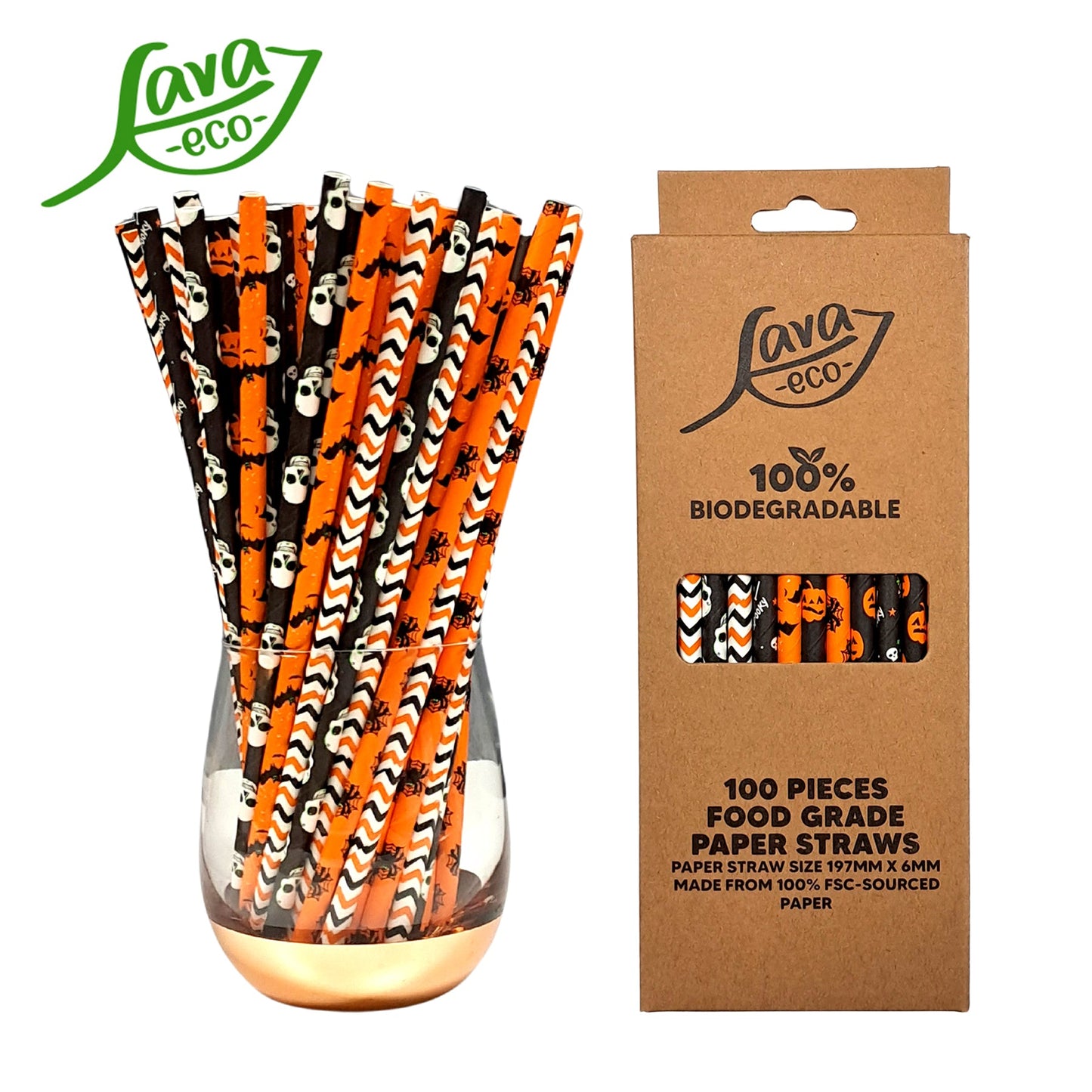 LavaEco Biodegradable Paper Straws - Halloween Night 100 PCS - Disposable Environment Eco Friendly