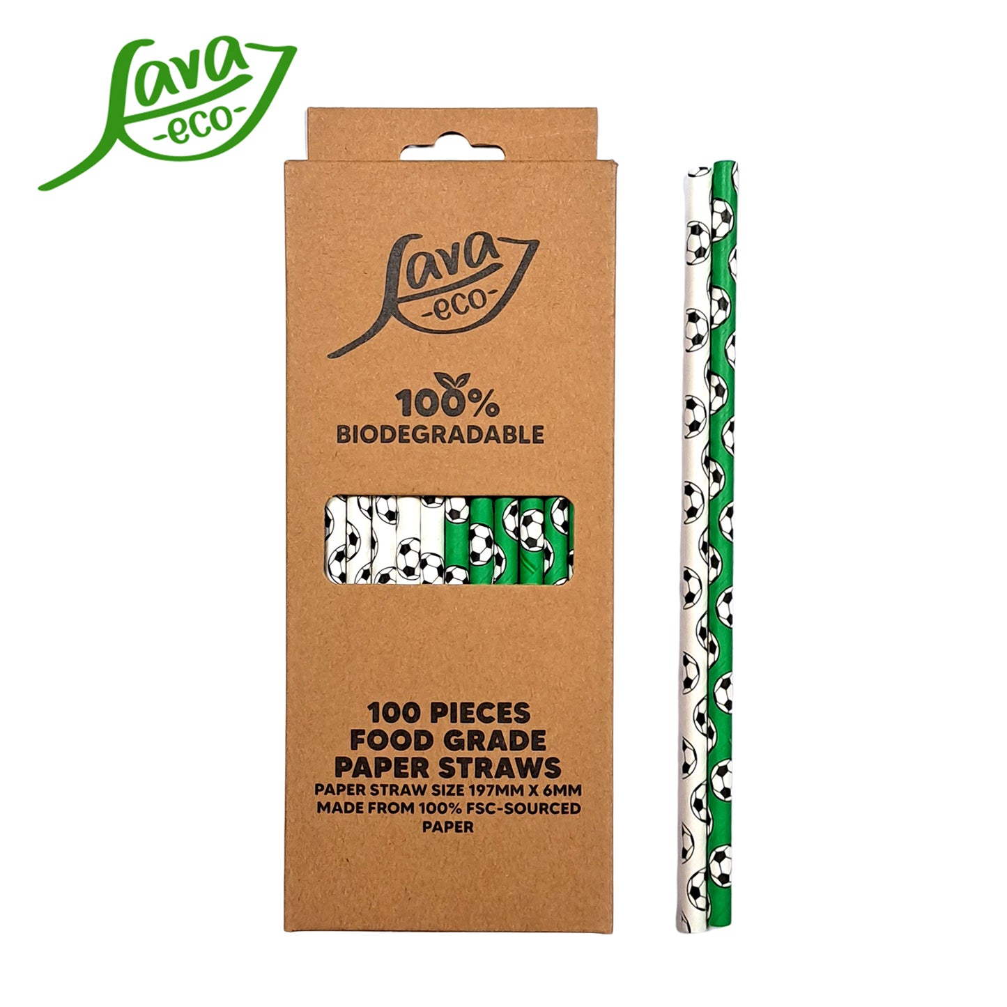 LavaEco Biodegradable Paper Straws - Soccer Football 100 PCS - Disposable Environment Eco Friendly