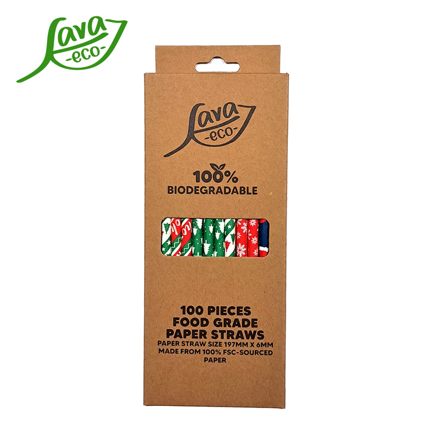 LavaEco Biodegradable Paper Straws - Christmas Party 100 PCS - Disposable Environment Eco Friendly