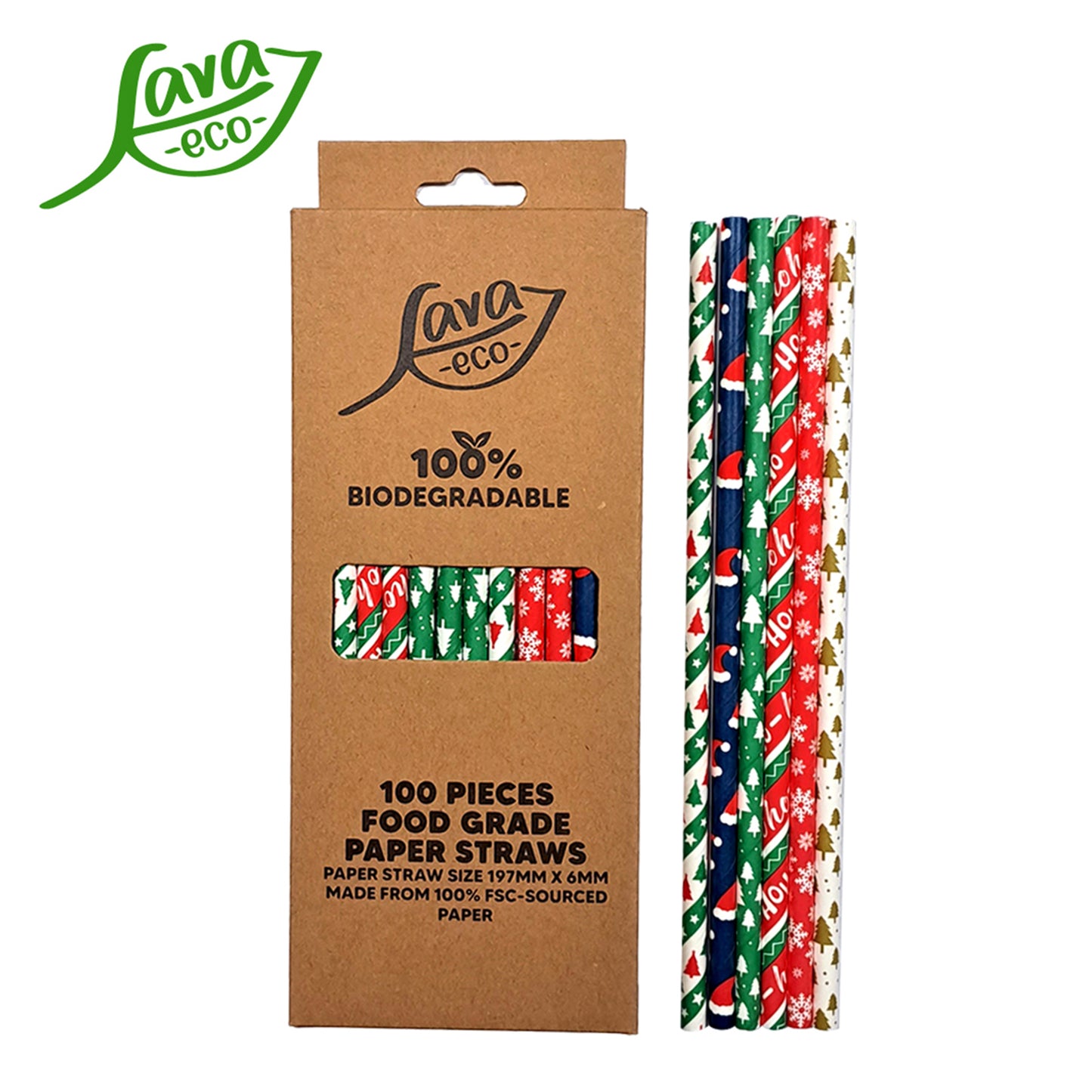 LavaEco Biodegradable Paper Straws - Christmas Party 100 PCS - Disposable Environment Eco Friendly