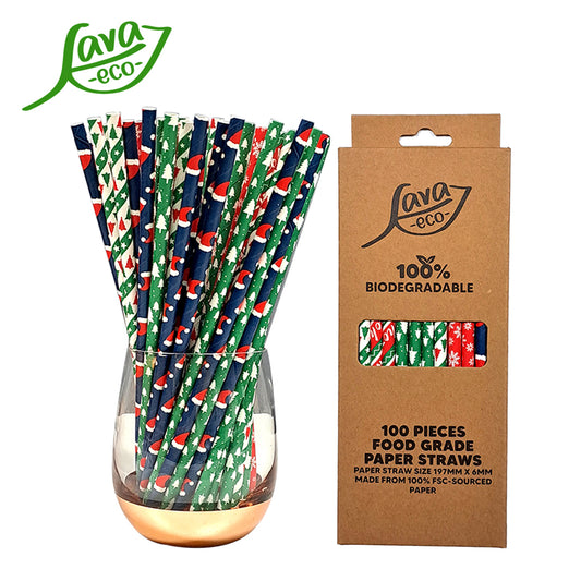 LavaEco Biodegradable Paper Straws - Christmas Party 100 PCS - Disposable Environment Eco Friendly