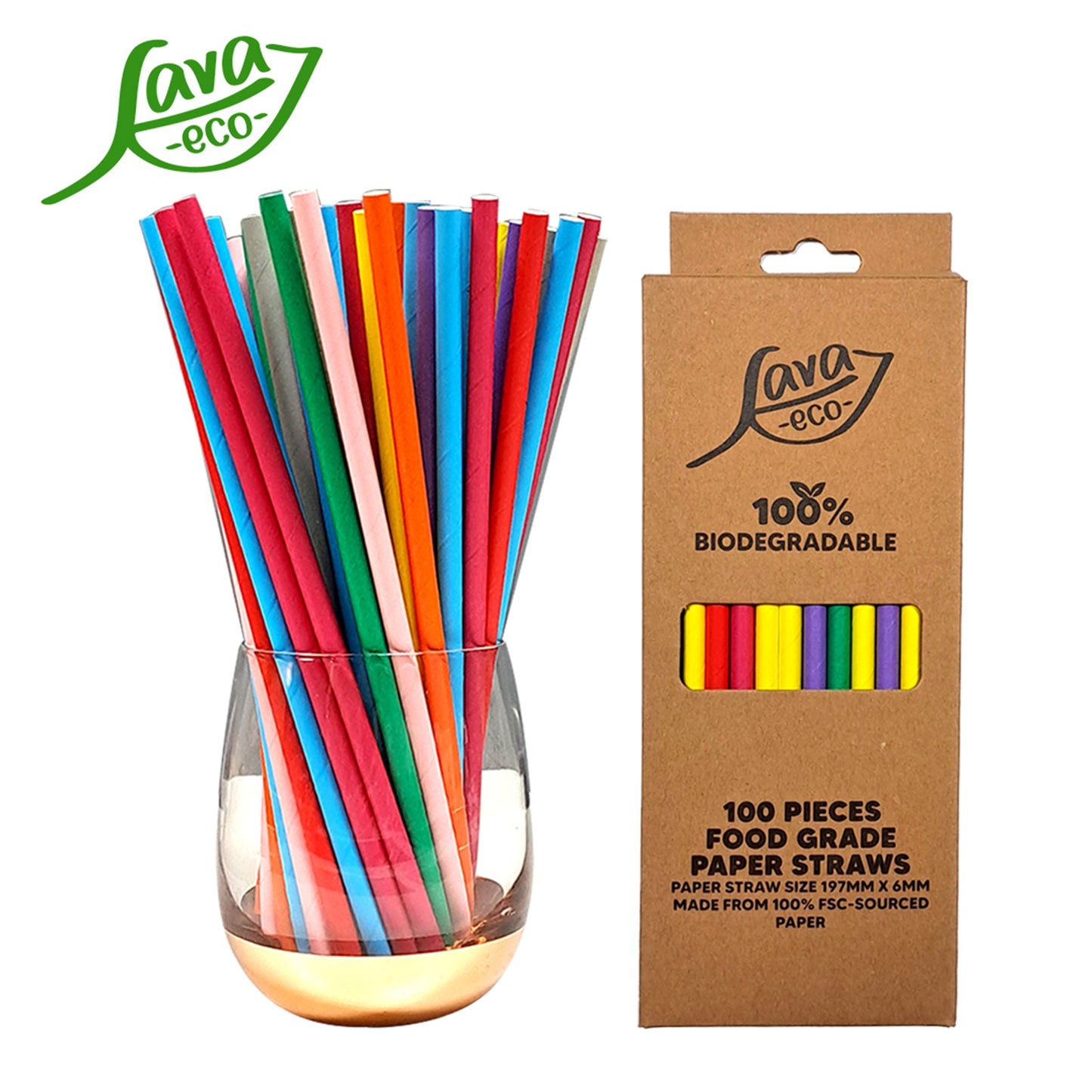 LavaEco Biodegradable Paper Straws - Colourful 100 PCS - Disposable Environment Eco Friendly