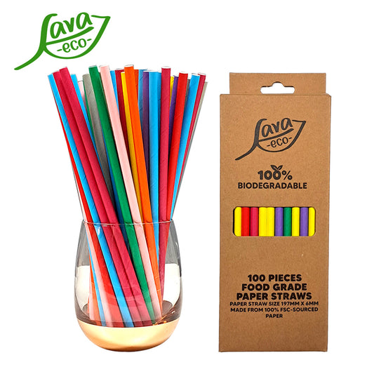 LavaEco Biodegradable Paper Straws - Colourful 100 PCS - Disposable Environment Eco Friendly