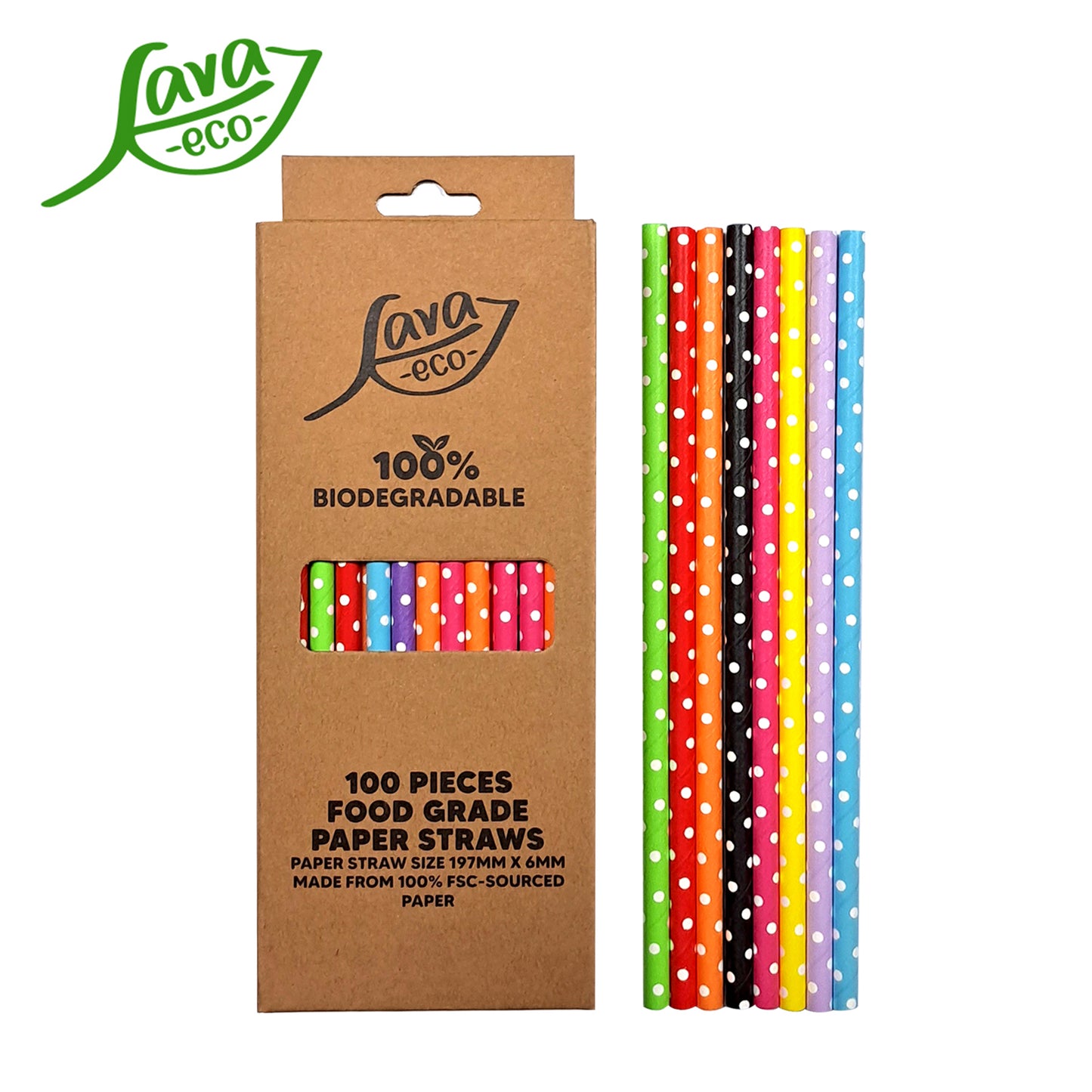 LavaEco Biodegradable Paper Straws - Polka Dots 100 PCS - Disposable Environment Eco Friendly