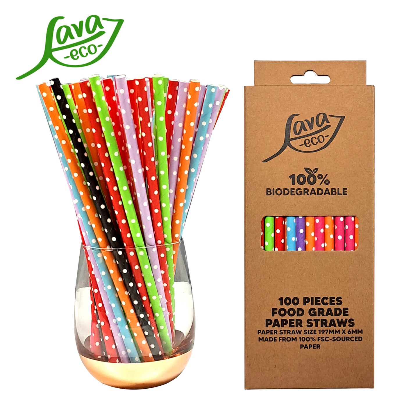 LavaEco Biodegradable Paper Straws - Polka Dots 100 PCS - Disposable Environment Eco Friendly