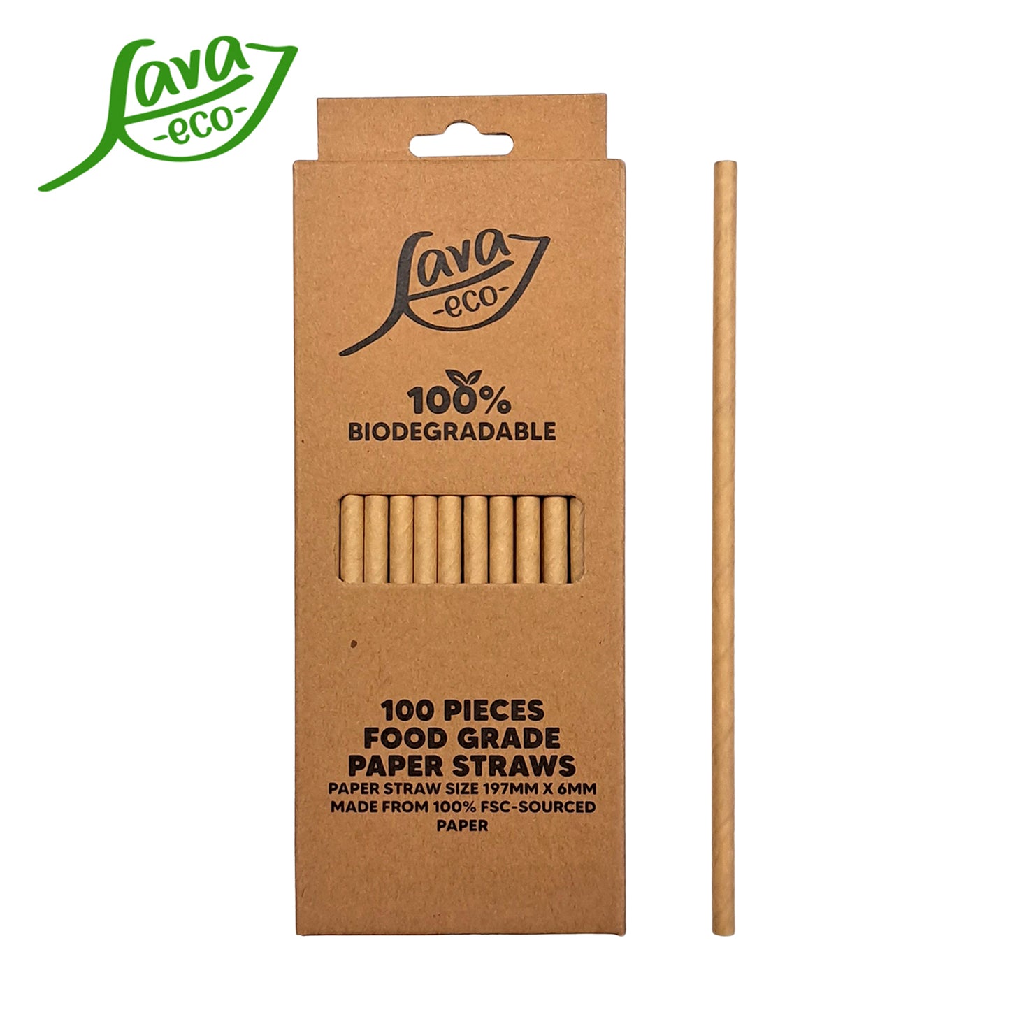 LavaEco Biodegradable Paper Straws - Plain Kraft Paper 100 PCS - Disposable Environment Eco Friendly