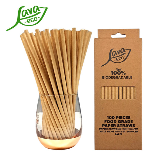 LavaEco Biodegradable Paper Straws - Plain Kraft Paper 100 PCS - Disposable Environment Eco Friendly