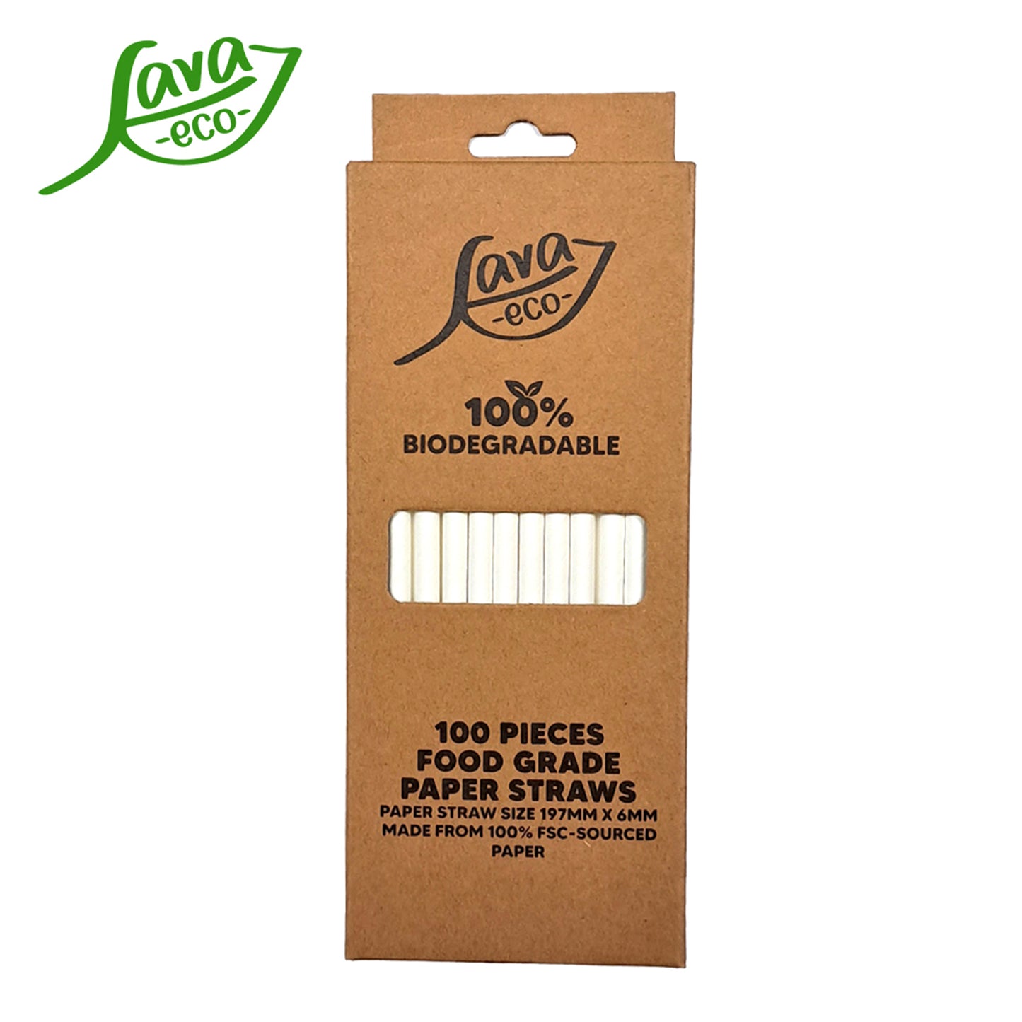 LavaEco Biodegradable Paper Straws - Plain White 100 PCS - Disposable Environment Eco Friendly