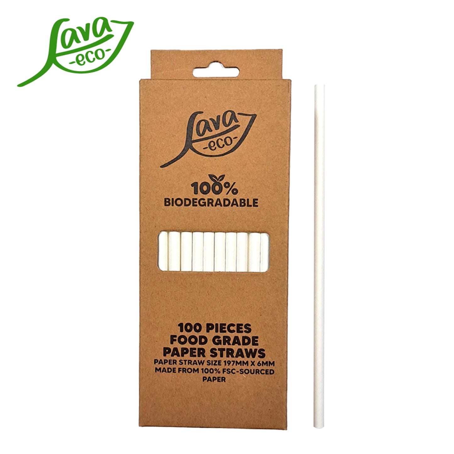 LavaEco Biodegradable Paper Straws - Plain White 100 PCS - Disposable Environment Eco Friendly