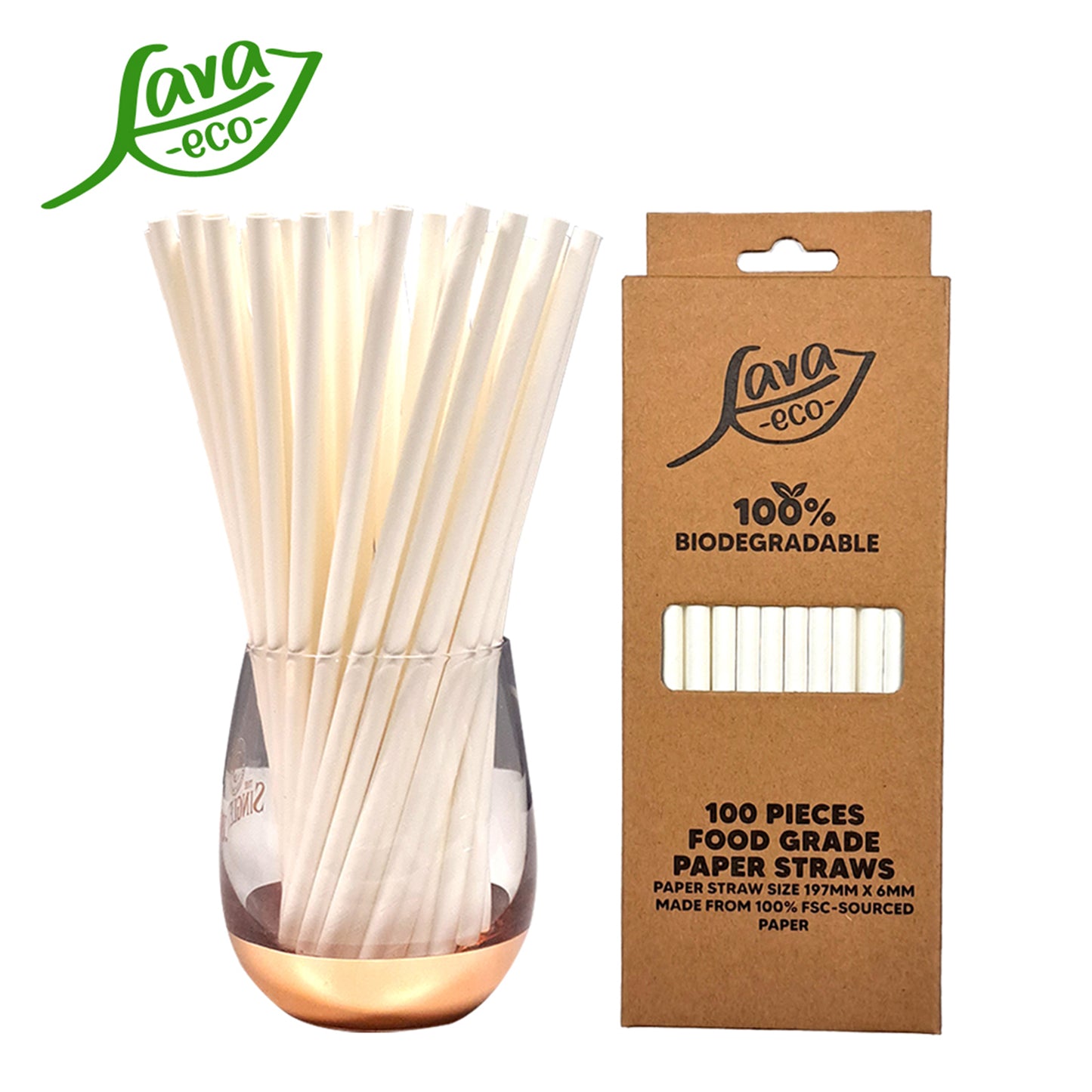 LavaEco Biodegradable Paper Straws - Plain White 100 PCS - Disposable Environment Eco Friendly