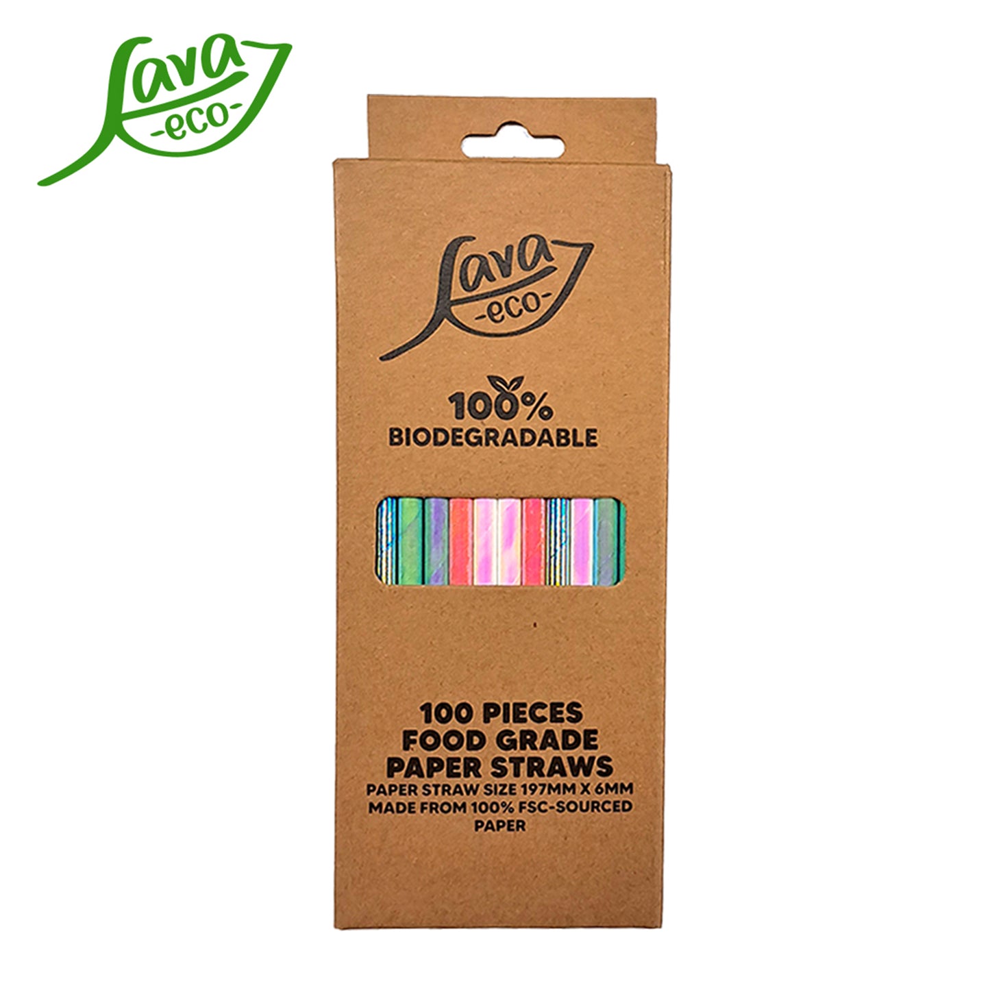 LavaEco Biodegradable Paper Straws - Shiny Rainbow Colour 100 PCS - Disposable Environment Eco Friendly