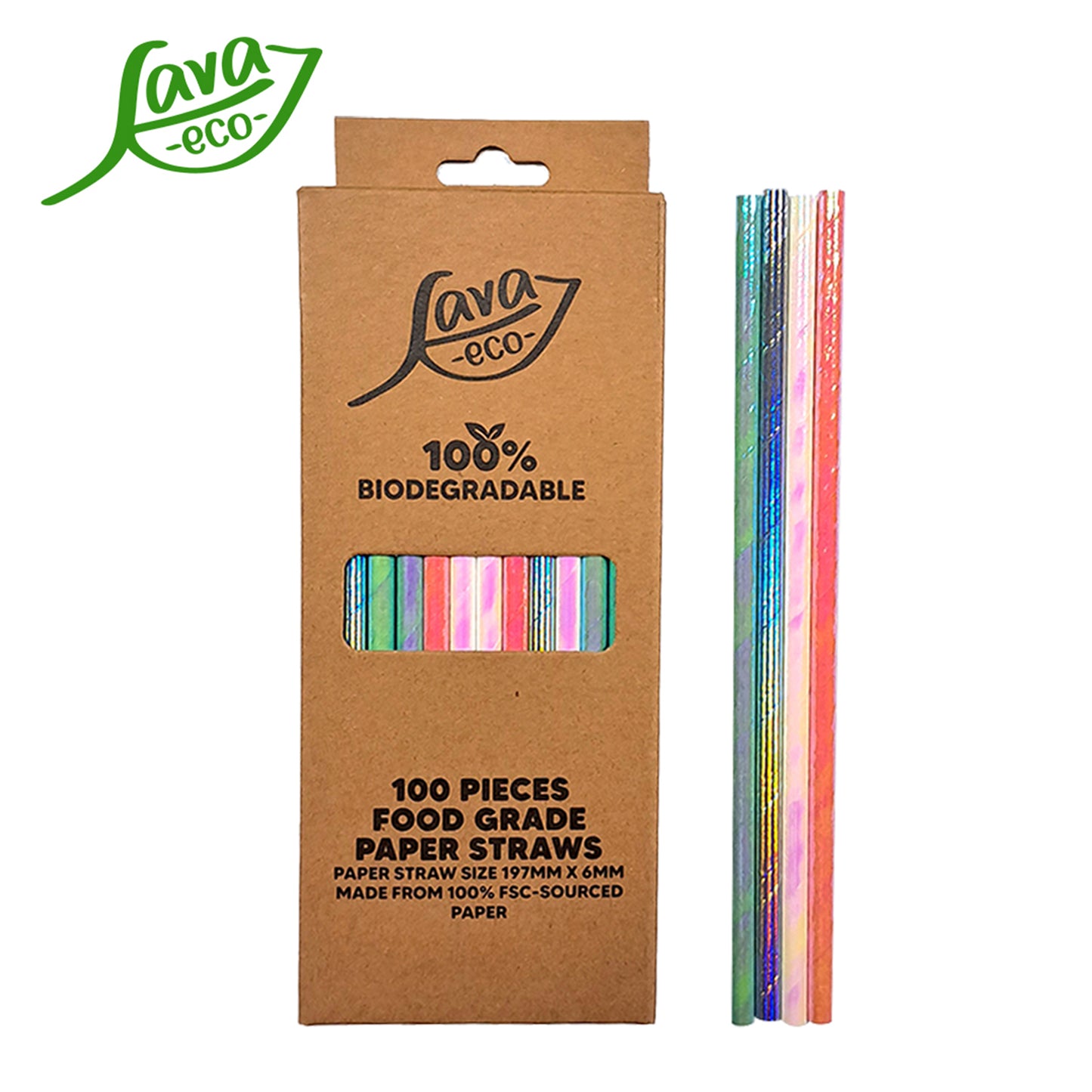 LavaEco Biodegradable Paper Straws - Shiny Rainbow Colour 100 PCS - Disposable Environment Eco Friendly