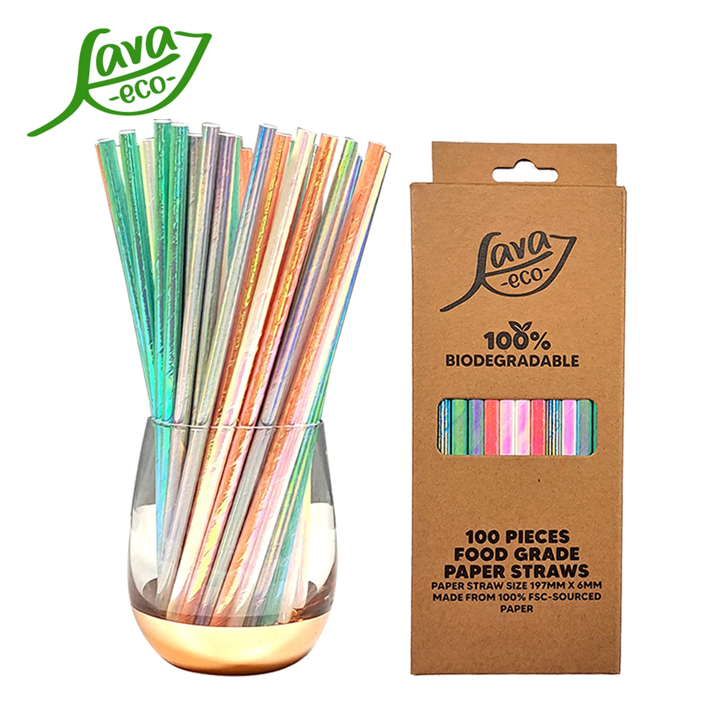 LavaEco Biodegradable Paper Straws - Shiny Rainbow Colour 100 PCS - Disposable Environment Eco Friendly