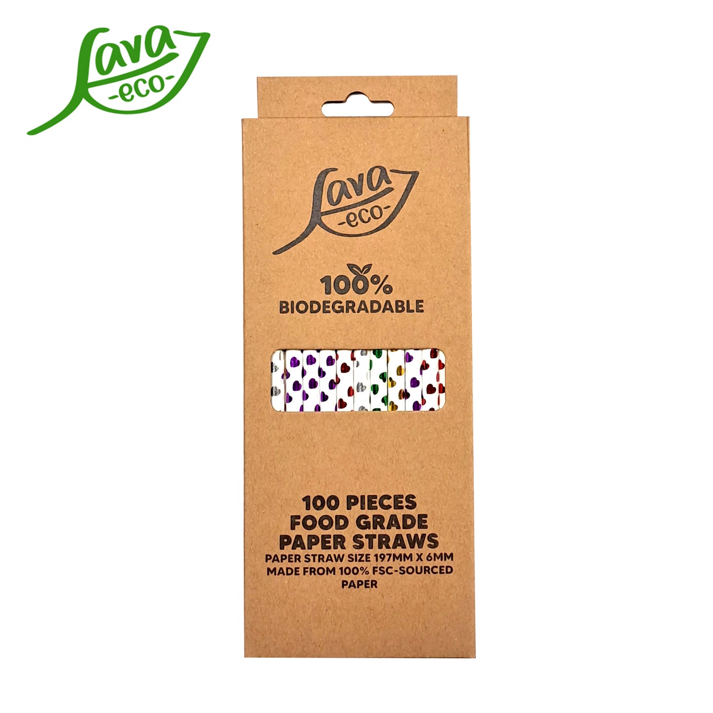 LavaEco Biodegradable Paper Straws - Shiny Heart Colourful 100 PCS - Disposable Environment Eco Friendly