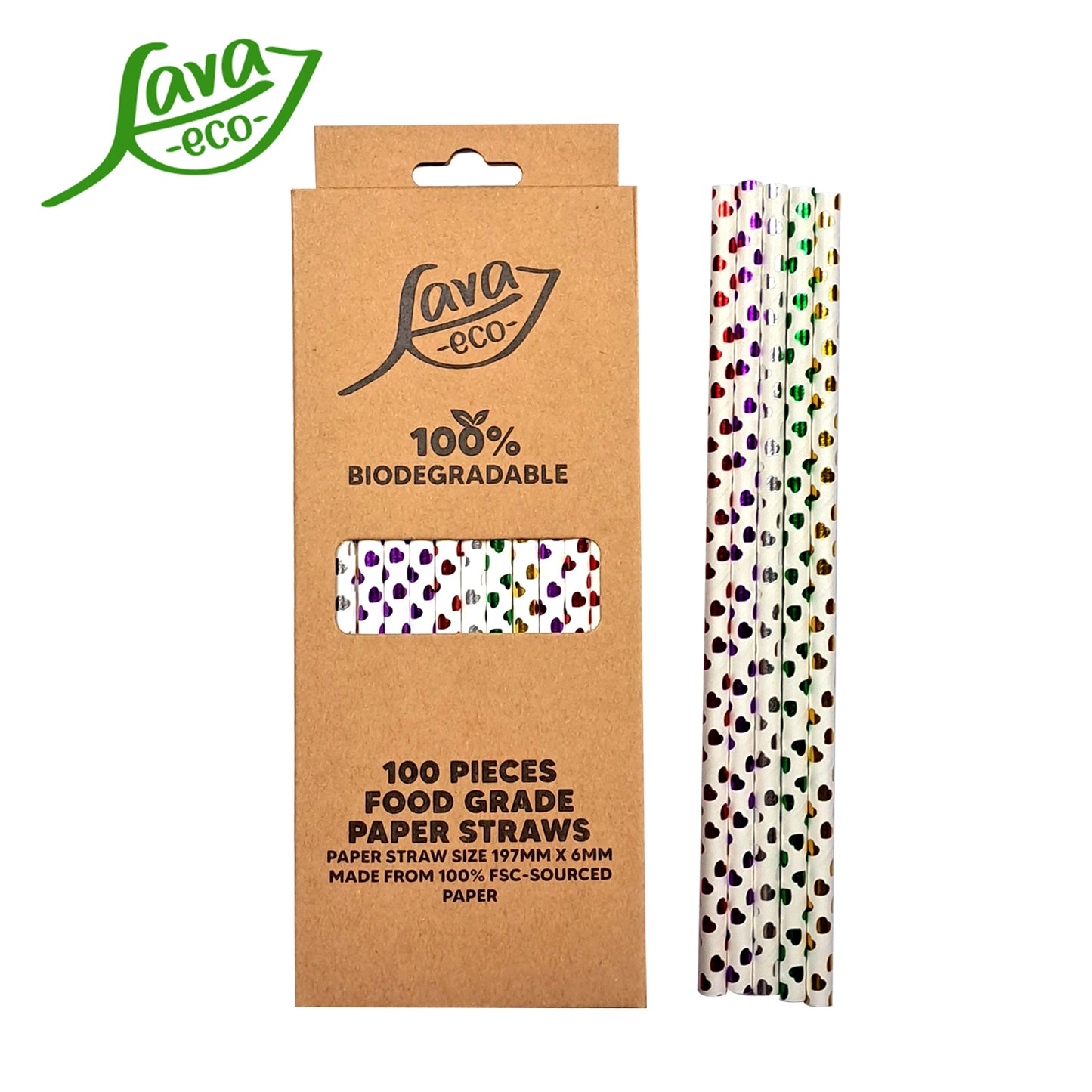 LavaEco Biodegradable Paper Straws - Shiny Heart Colourful 100 PCS - Disposable Environment Eco Friendly