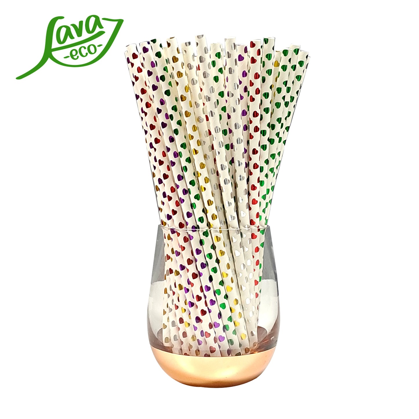 LavaEco Biodegradable Paper Straws - Shiny Heart Colourful 100 PCS - Disposable Environment Eco Friendly