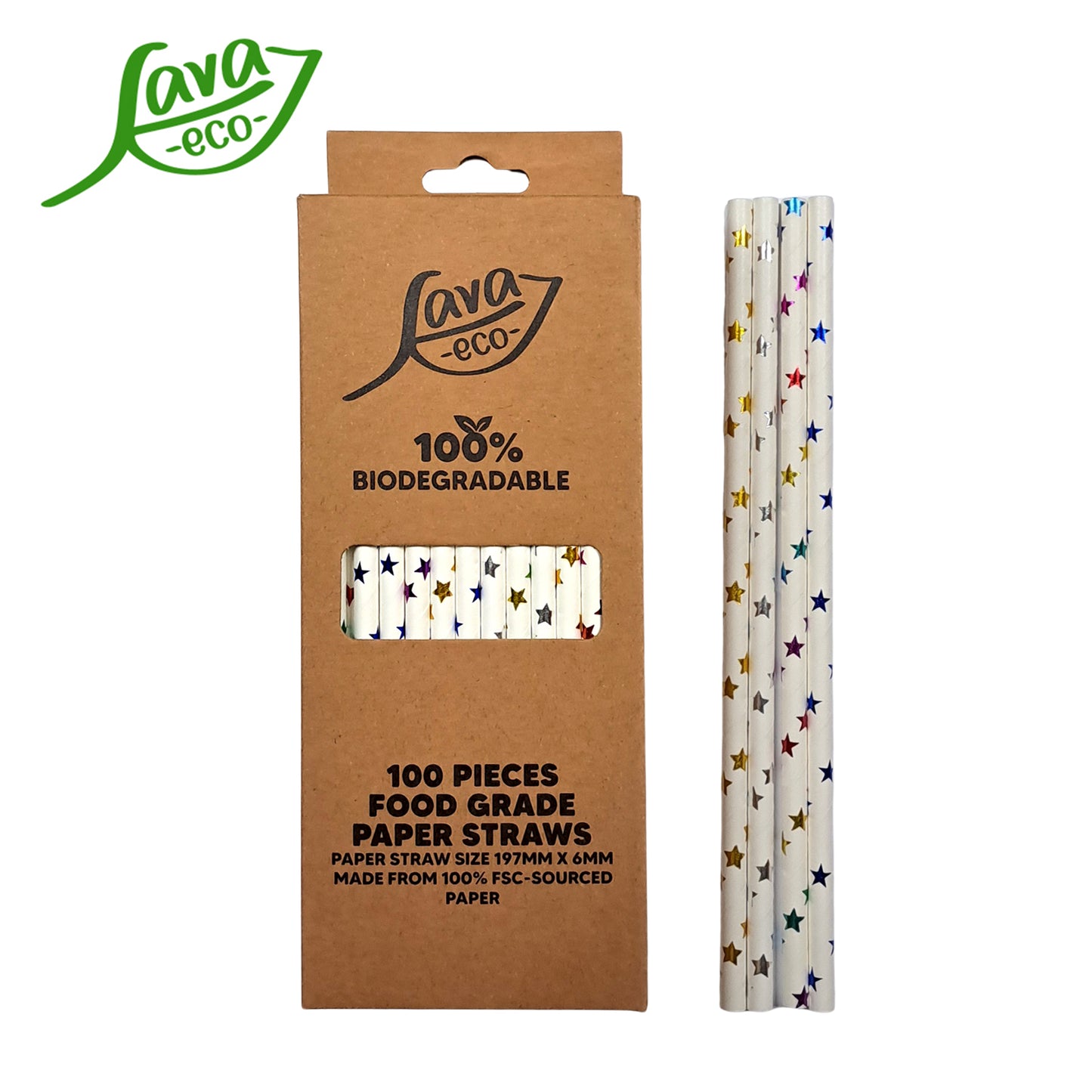 LavaEco Biodegradable Paper Straws - Shiny Stars 100 PCS - Disposable Environment Eco Friendly