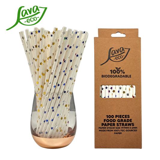 LavaEco Biodegradable Paper Straws - Shiny Stars 100 PCS - Disposable Environment Eco Friendly