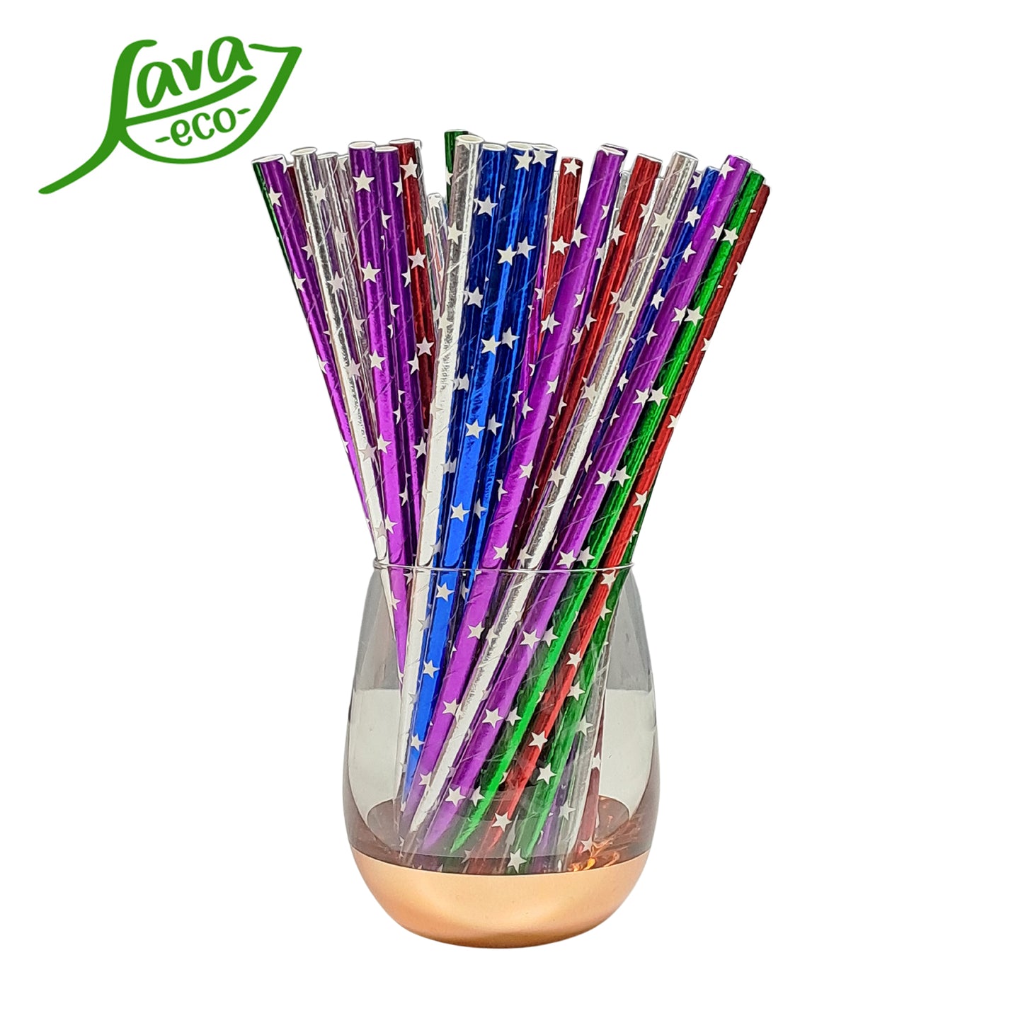 LavaEco Biodegradable Paper Straws - Shiny Stars Colourful 100 PCS - Disposable Environment Eco Friendly