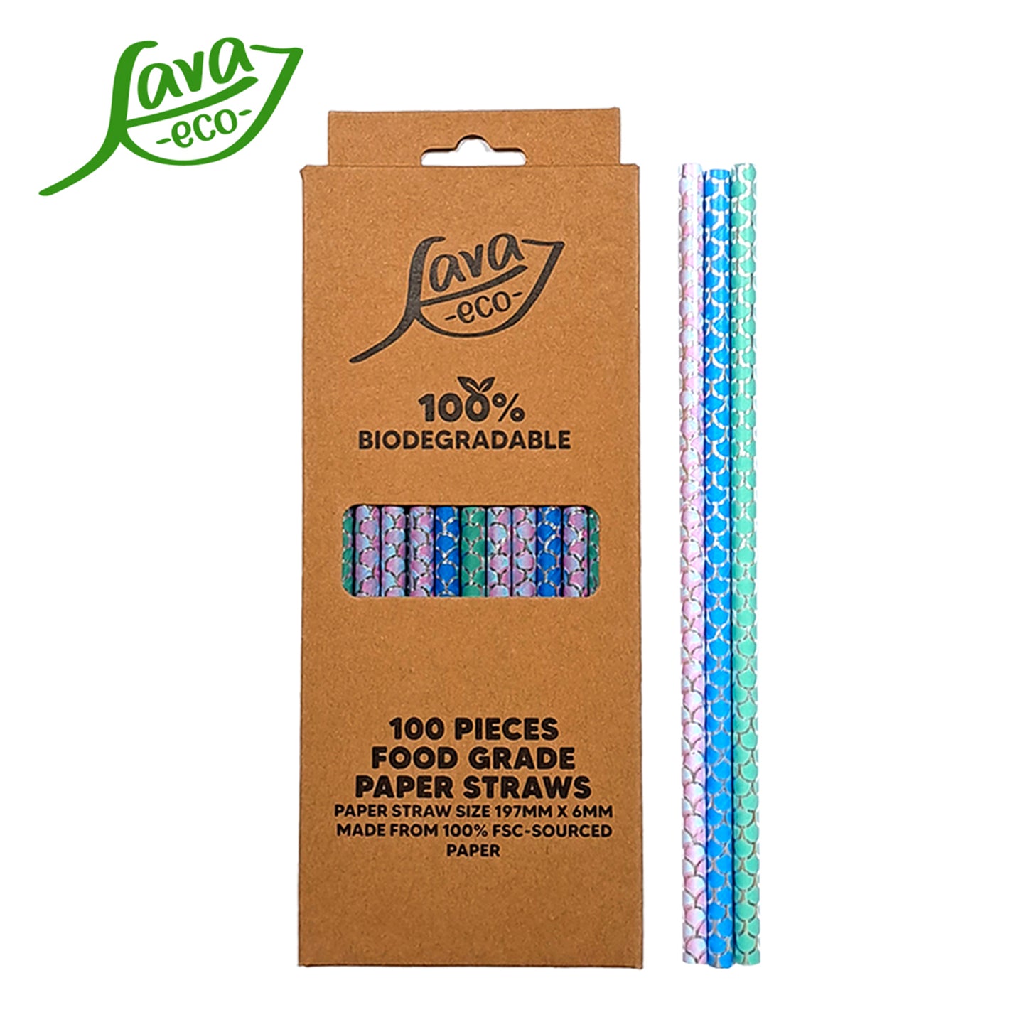 LavaEco Biodegradable Paper Straws - Shiny Mermaid Theme 100 PCS - Disposable Environment Eco Friendly