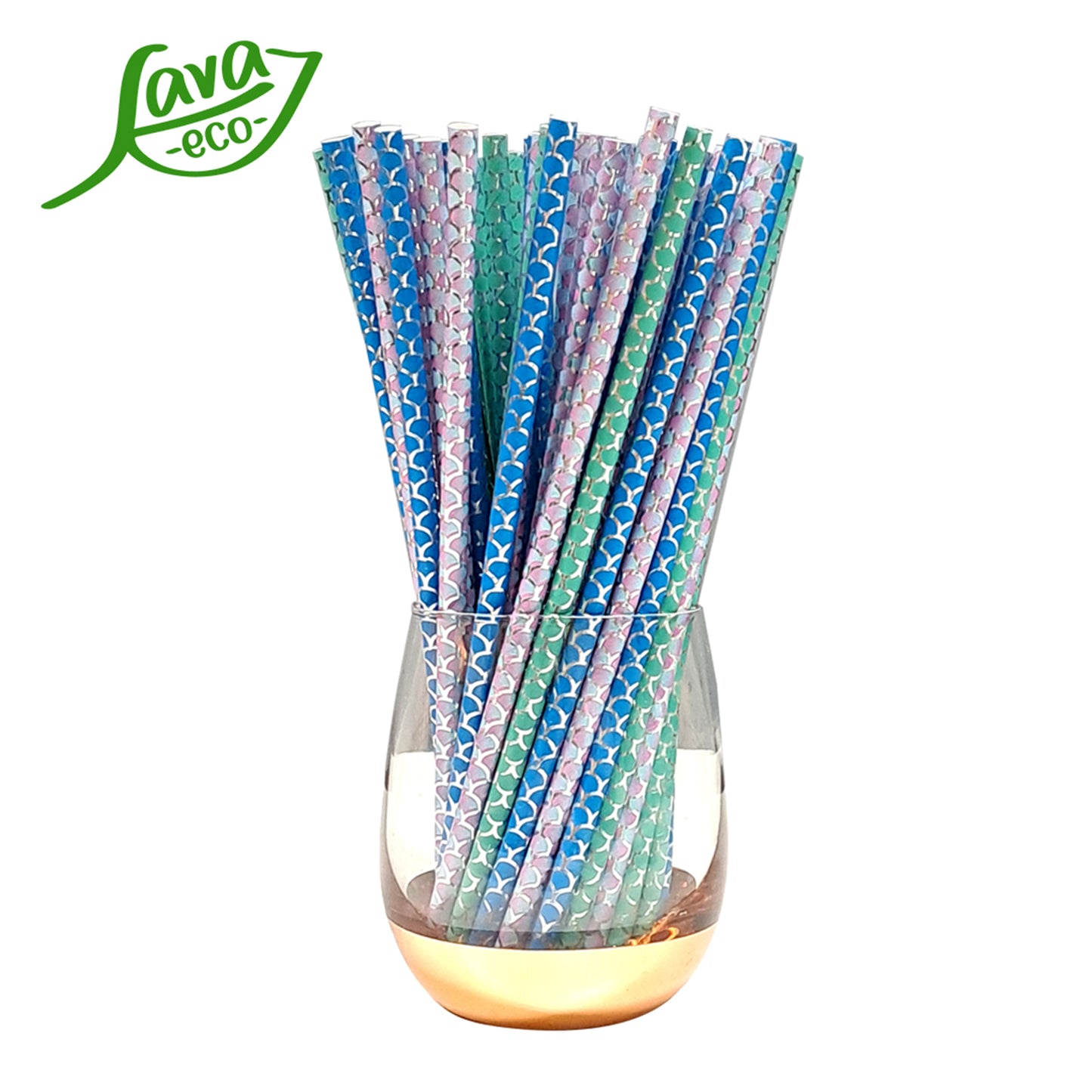 LavaEco Biodegradable Paper Straws - Shiny Mermaid Theme 100 PCS - Disposable Environment Eco Friendly