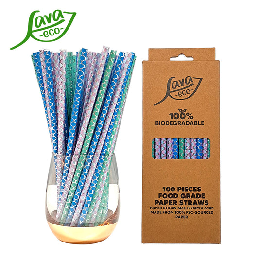 LavaEco Biodegradable Paper Straws - Shiny Mermaid Theme 100 PCS - Disposable Environment Eco Friendly