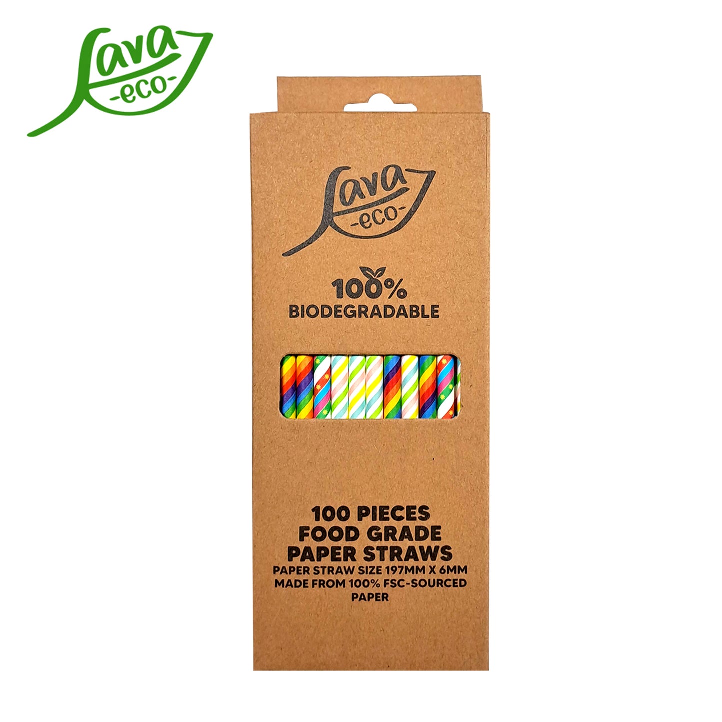 LavaEco Biodegradable Paper Straws - Colourful Party Stripes 100 PCS - Disposable Environment Eco Friendly