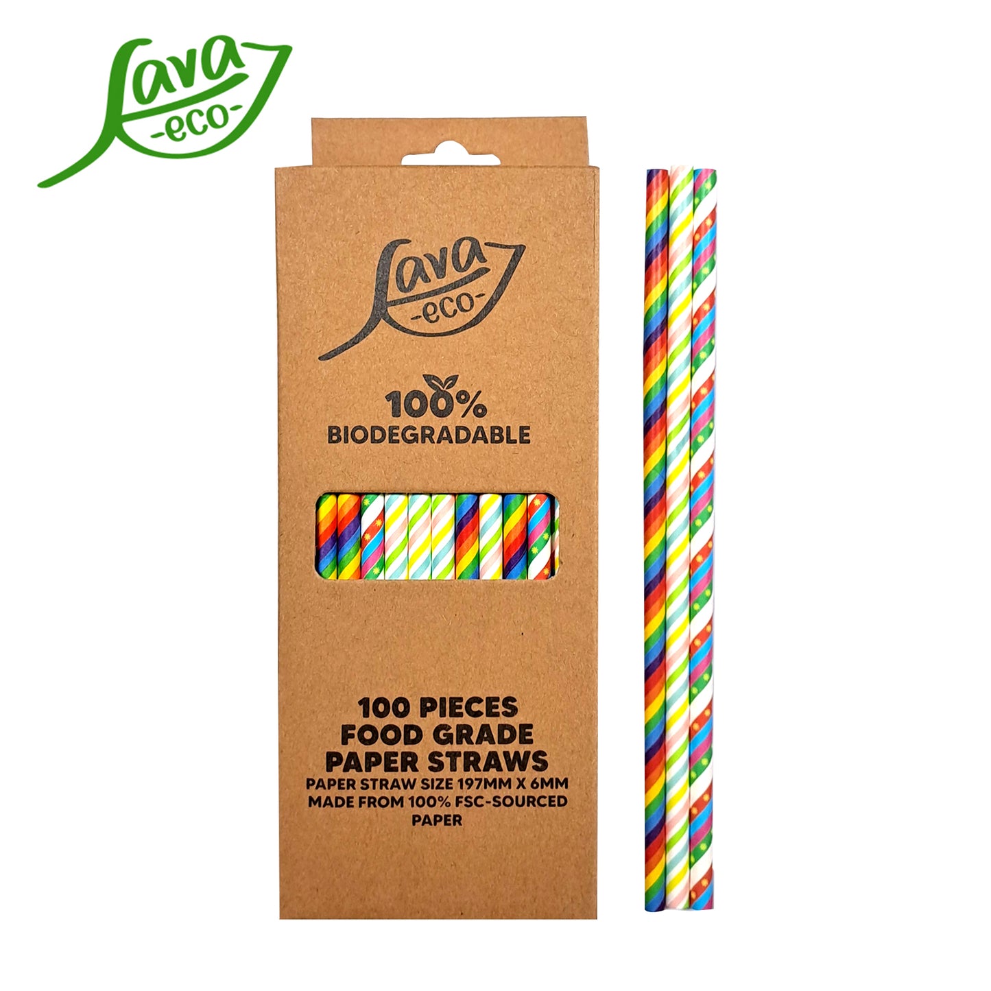 LavaEco Biodegradable Paper Straws - Colourful Party Stripes 100 PCS - Disposable Environment Eco Friendly