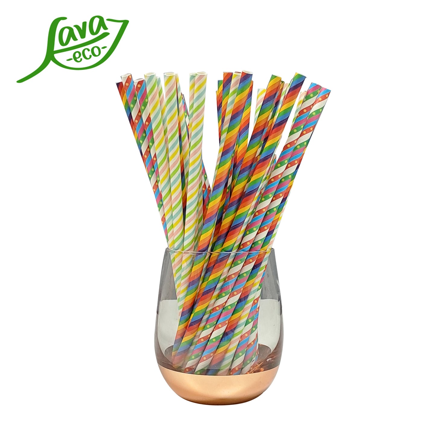 LavaEco Biodegradable Paper Straws - Colourful Party Stripes 100 PCS - Disposable Environment Eco Friendly