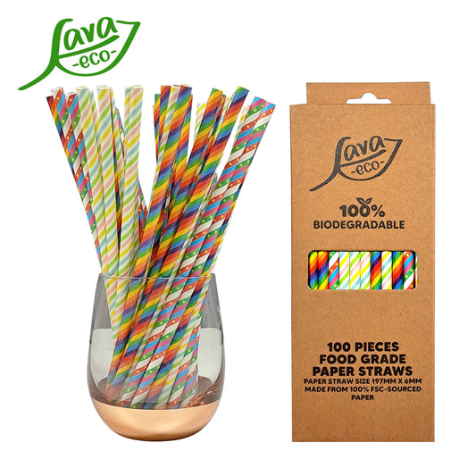 LavaEco Biodegradable Paper Straws - Colourful Party Stripes 100 PCS - Disposable Environment Eco Friendly