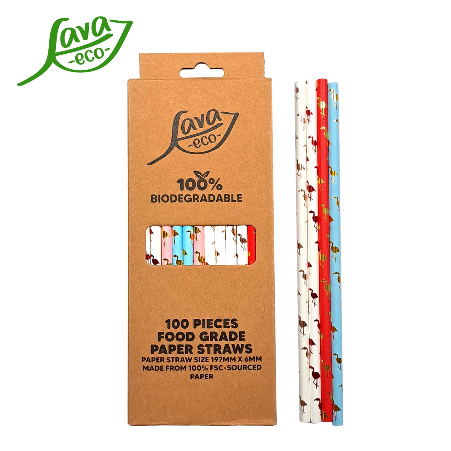 LavaEco Biodegradable Paper Straws - Shiny Flamingo 100 PCS - Disposable Environment Eco Friendly