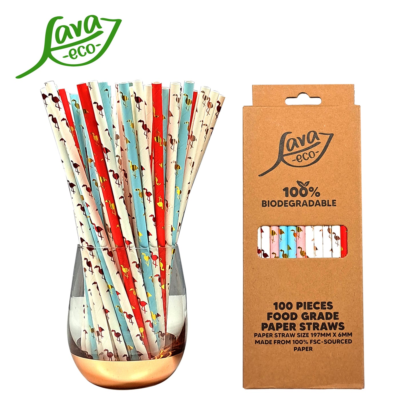 LavaEco Biodegradable Paper Straws - Shiny Flamingo 100 PCS - Disposable Environment Eco Friendly