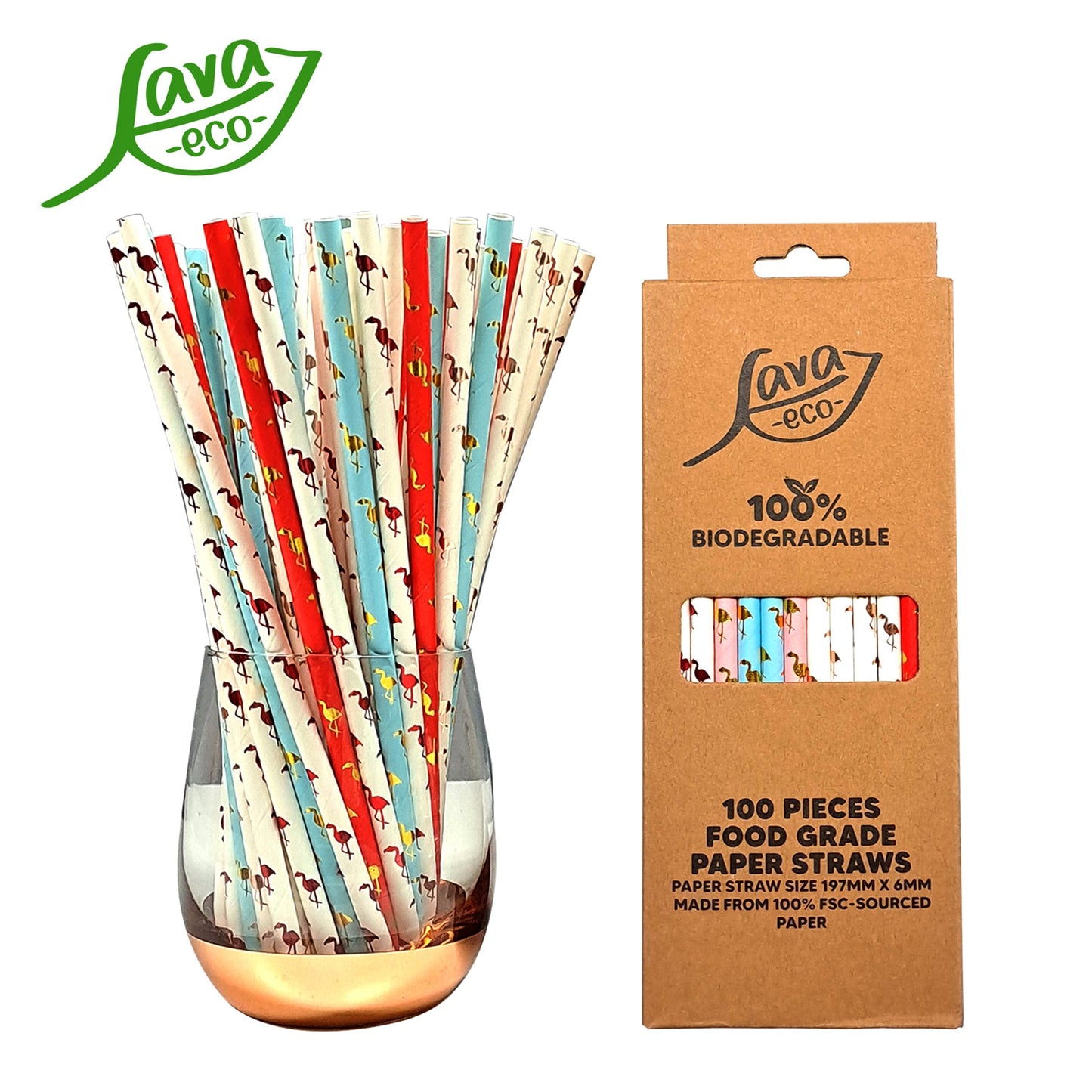 LavaEco Biodegradable Paper Straws - Shiny Princess Theme 100 PCS - Disposable Environment Eco Friendly