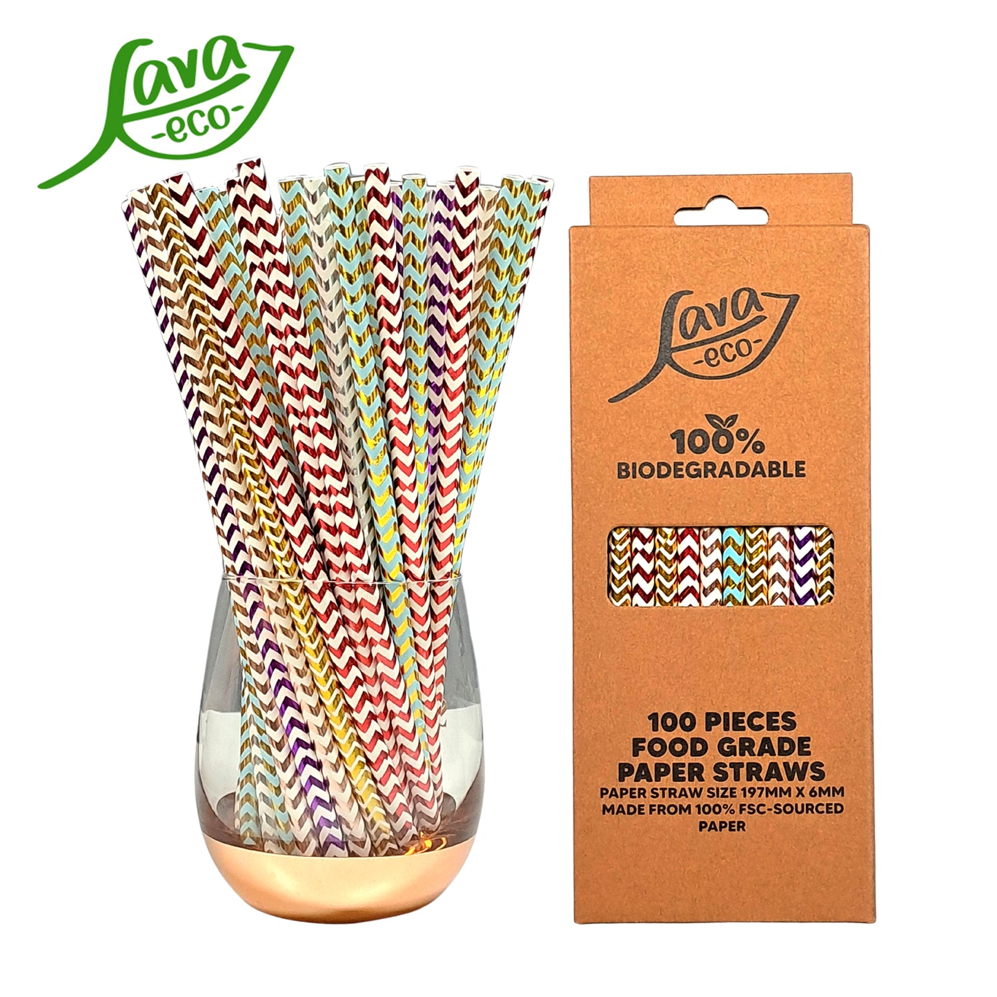 LavaEco Biodegradable Paper Straws - Shiny Zig Zag 100 PCS - Disposable Environment Eco Friendly